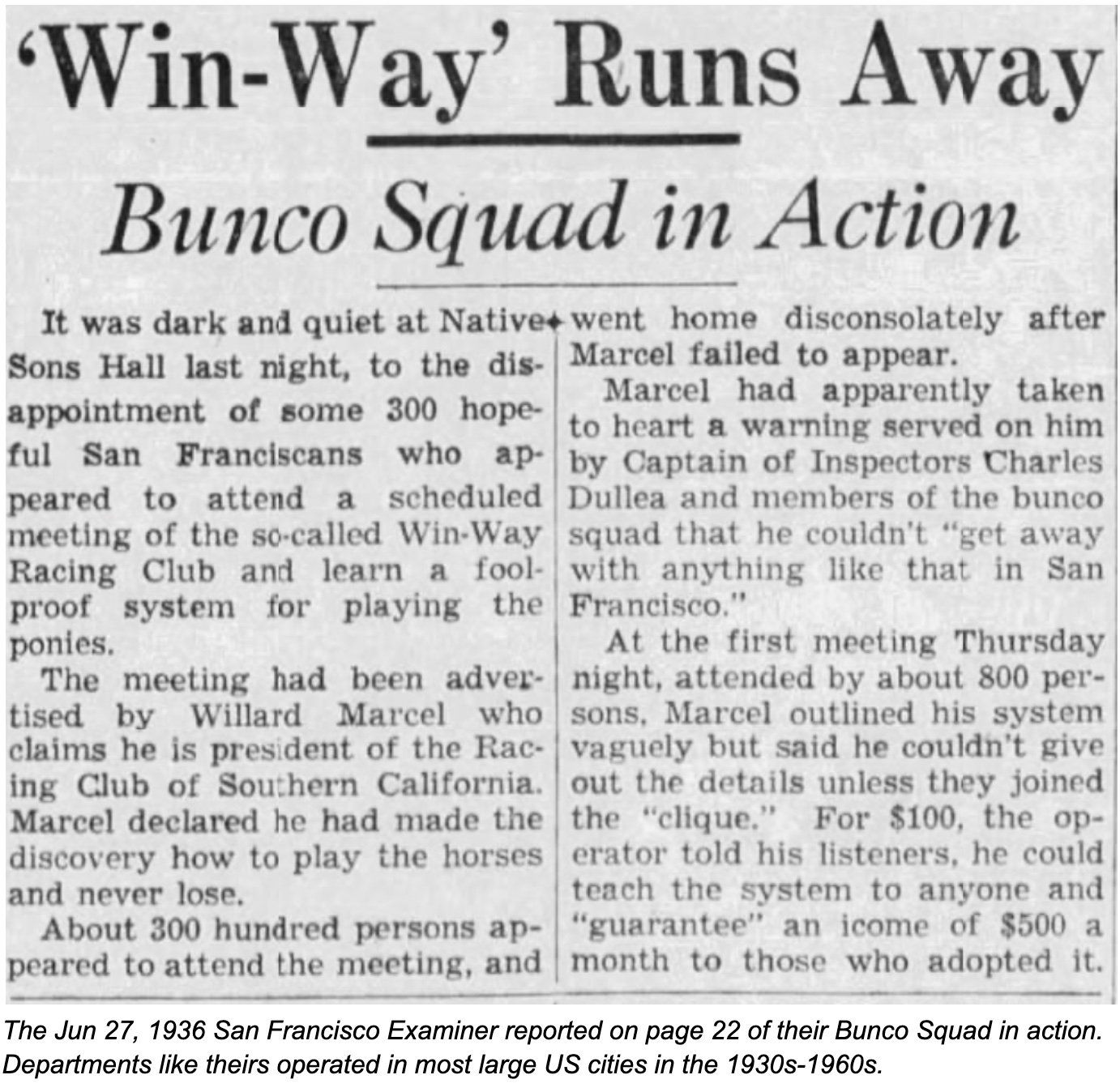 An old newpaper article about a bunco squad in action.