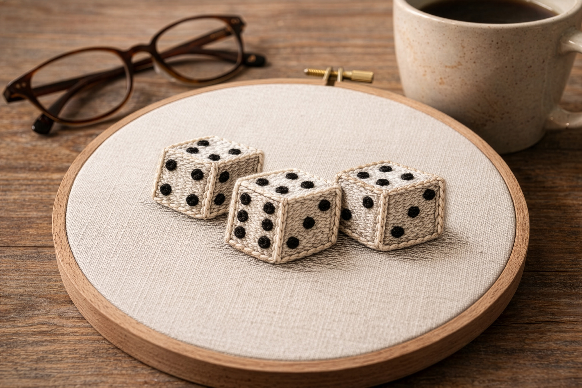 Three dice made of needlework sitting on a coaster on a wooden table next to a pair of glasses and a cup of coffee.