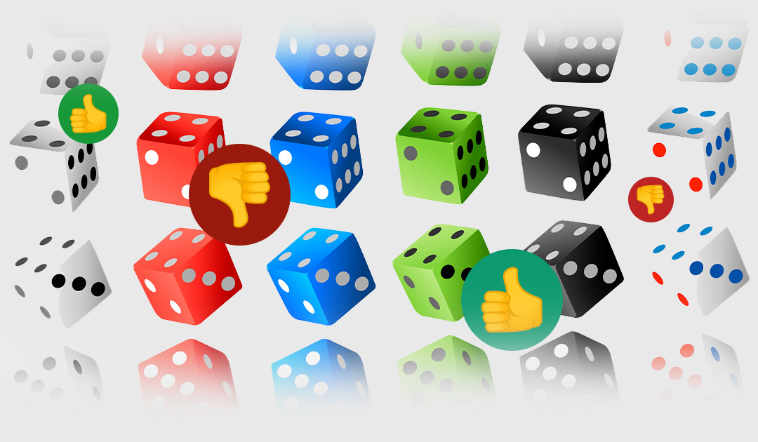 Colorful set of dice in red, blue, green, black, and white with thumbs up and thumbs down symbols, representing a review or rating system.