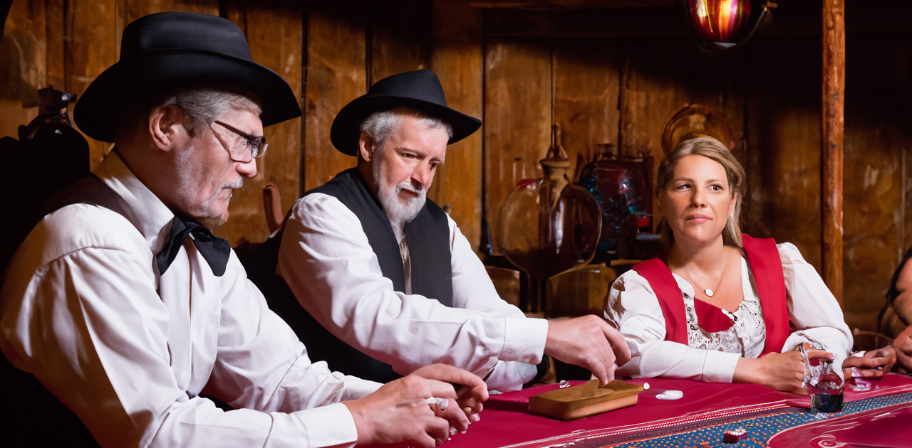 Saloon players playing Bunco dice game.